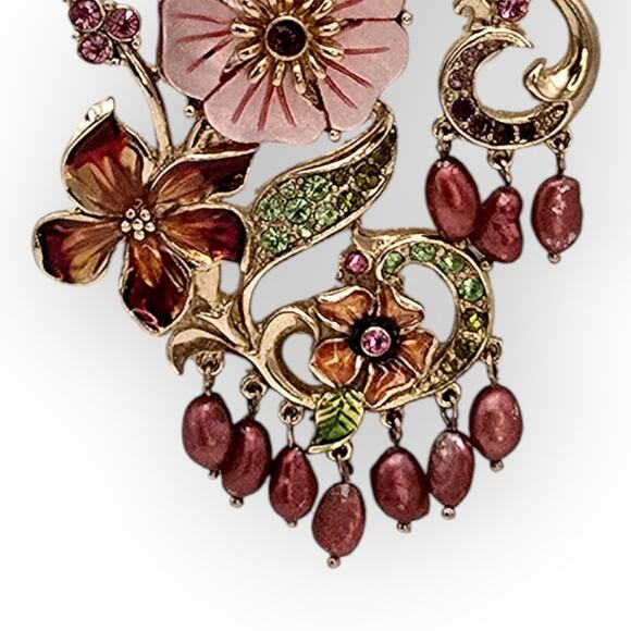 Floral & Mother-of-Pearl Style Brooch Pink Blossoms, Rhinestones & Dangle Pearls - Picture 3 of 9